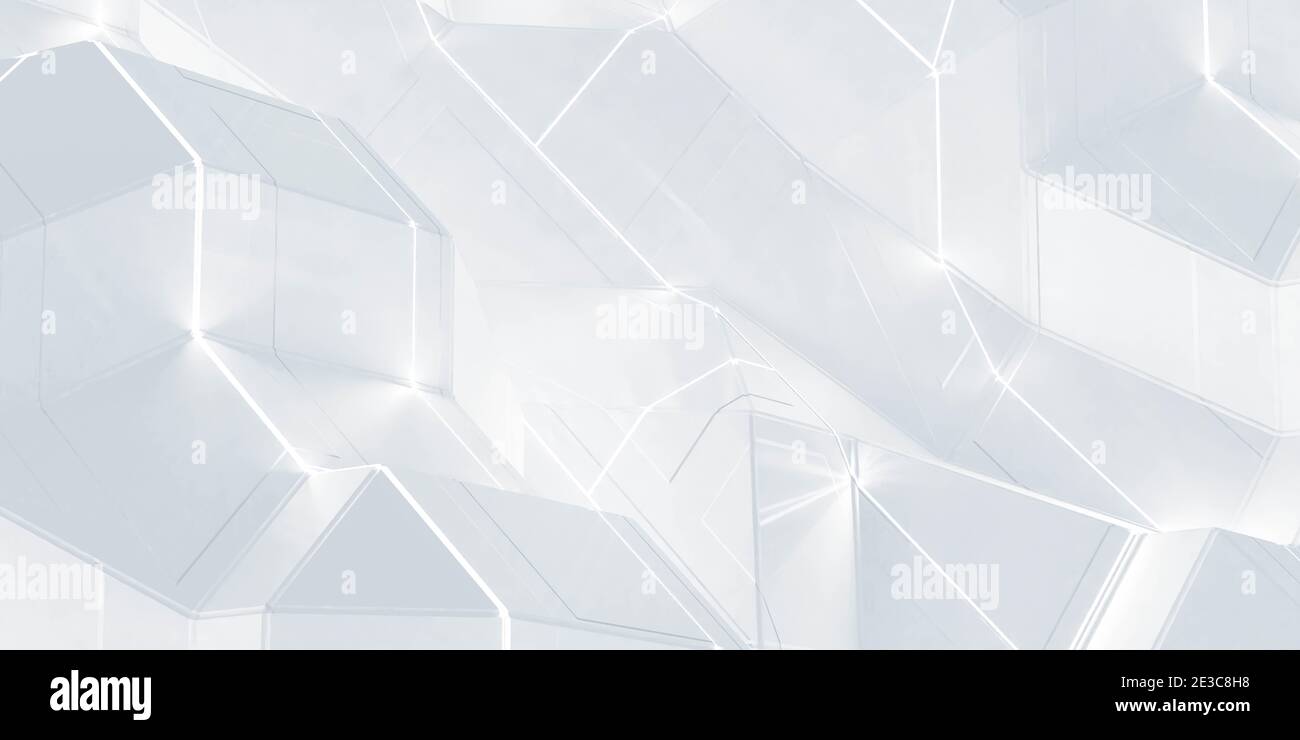 Abstrakte weiße geometrische Formen mit leuchtenden modernen futuristischen Technologie Oberfläche 3d-Renderdarstellung Stockfoto