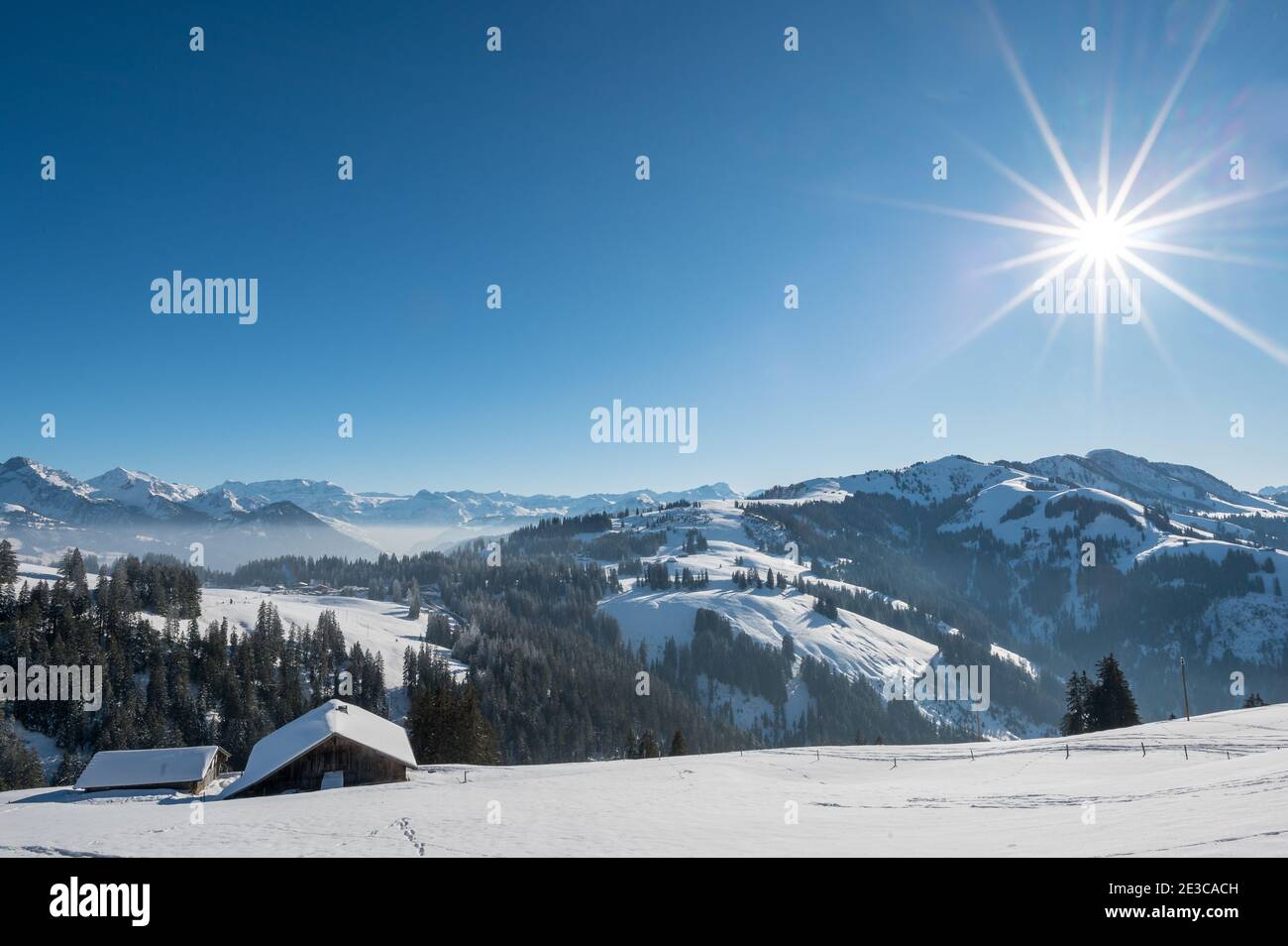 Verträumte verschneite Winterlandschaft am Jaun Pass in den Berner Alpen Stockfoto