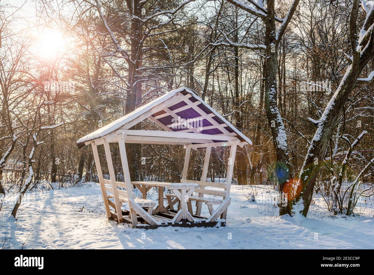 Platz für Erholung und Mahlzeiten in einem Winterwald Stockfoto