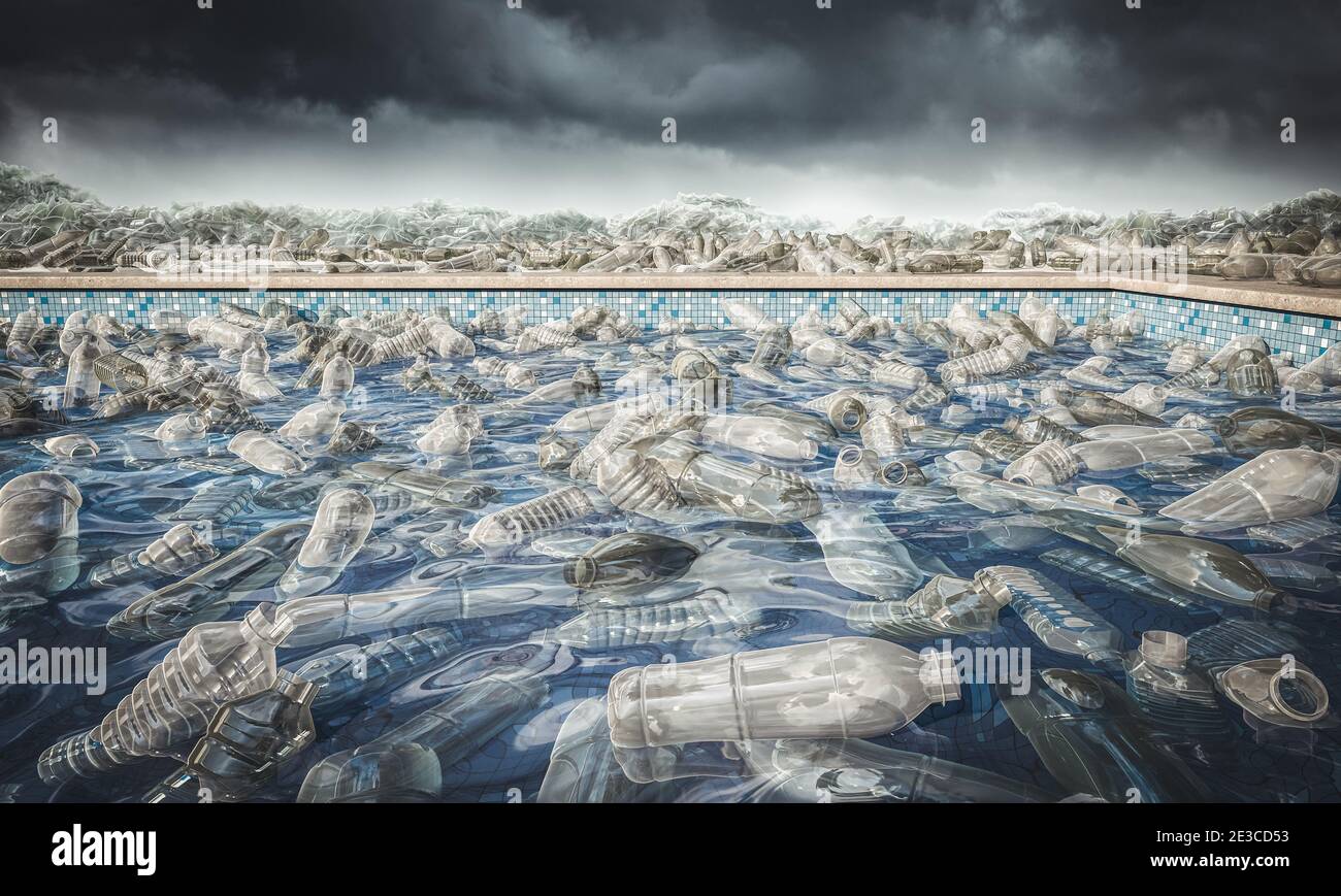 Plastikflaschen schwimmen in einem Schwimmbad. Konzept der Umweltkatastrophe. 3d-Rendering. Stockfoto