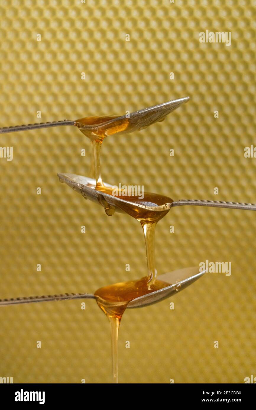 Löffel mit rohem Honig auf Bienenwabenhintergrund, gesundes Ernährungskonzept Stockfoto