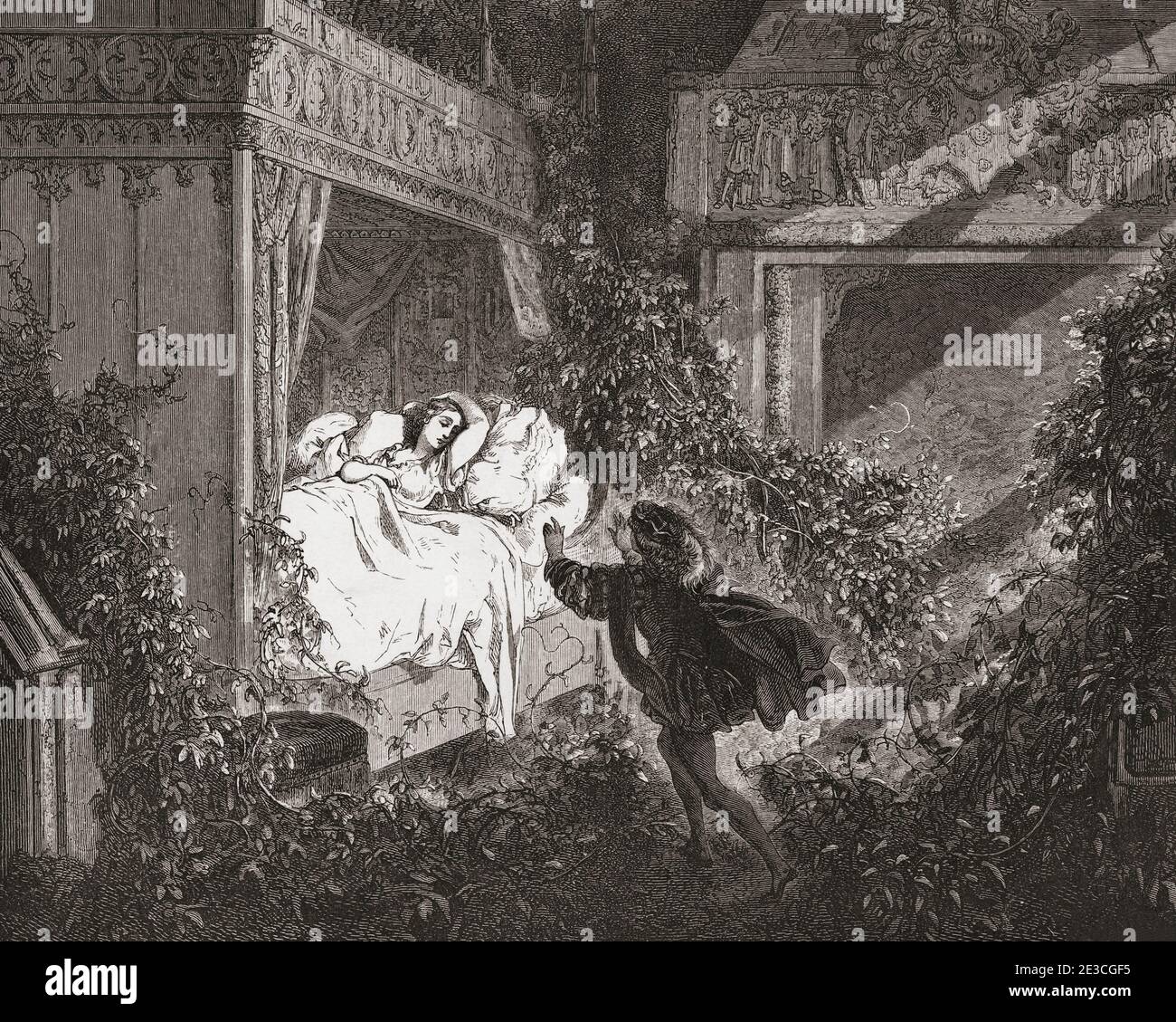 Dornröschen. Nach einem Werk von Gustave Dore aus dem 19. Jahrhundert. Der schöne Prinz findet Dornröschen und wird sie mit einem Kuss wecken. Stockfoto