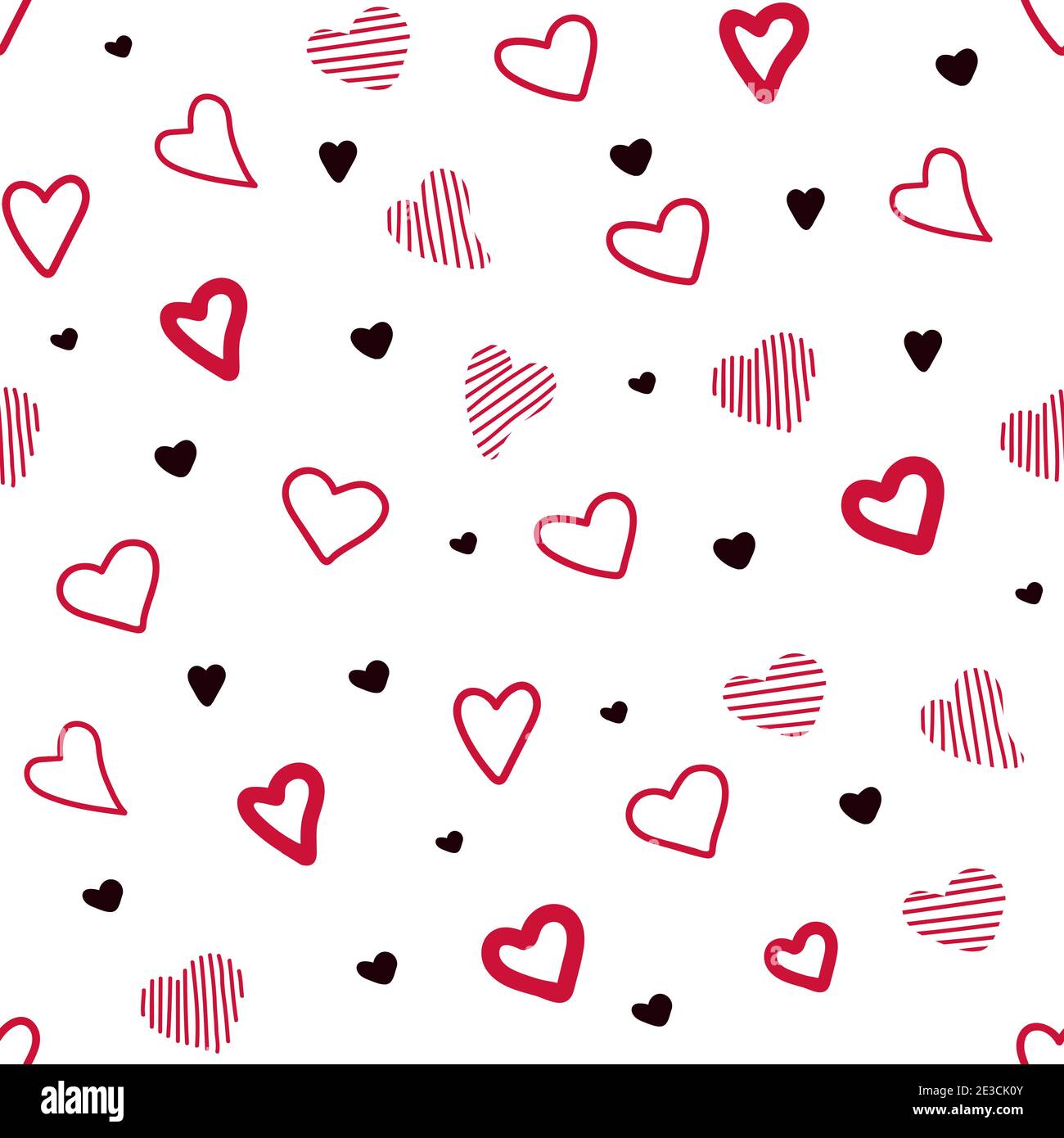 Farbmuster mit Herzen. Chaotische Muster Herzen. Nahtlose Vektor-Muster rote Herzen und schwarze Punkte auf weißem Hintergrund. Doodle-Stil. Hintergrund für Stock Vektor