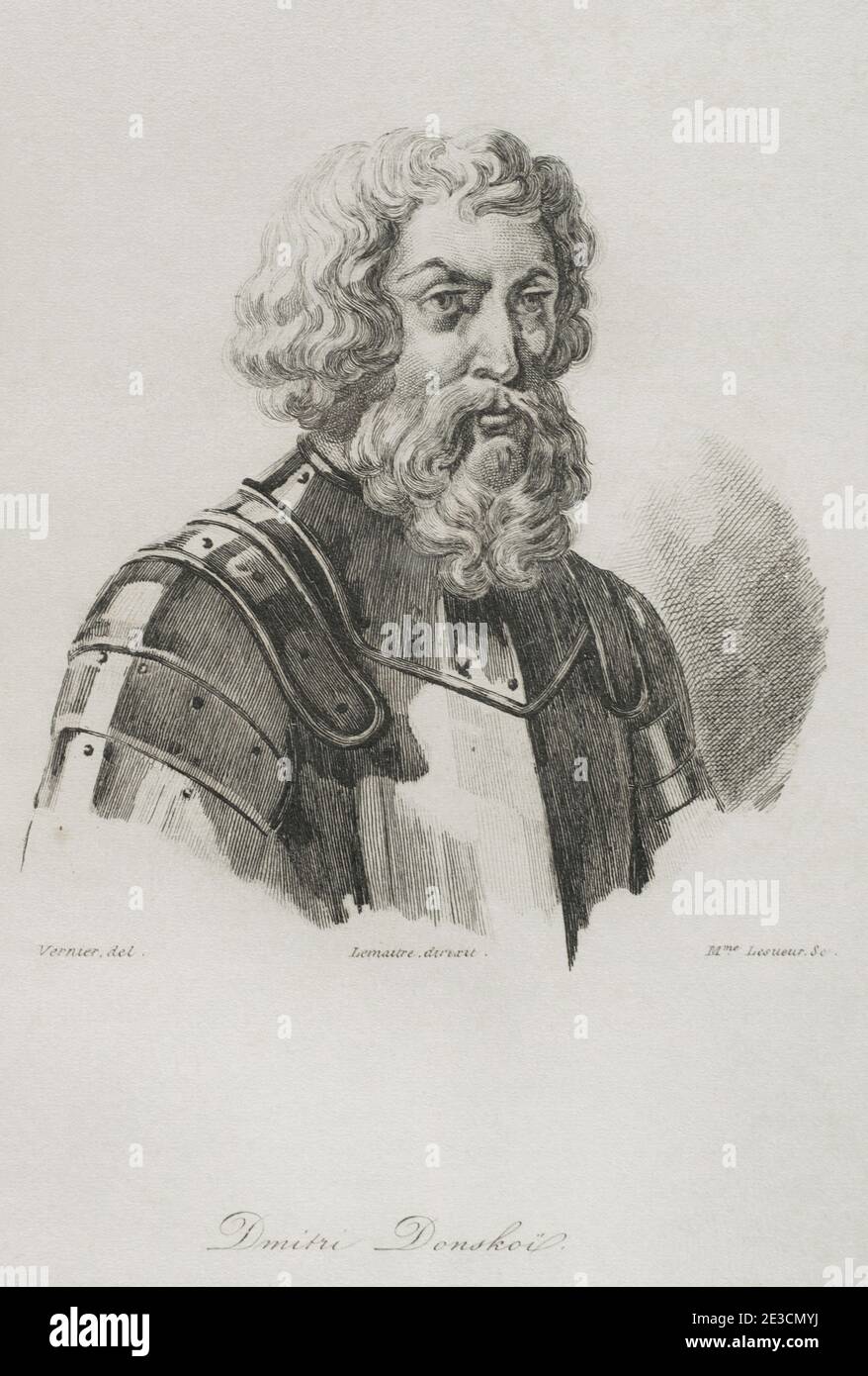 Dmitri Iwanowitsch Donskoi (1350-1389). Fürst von Moskau von 1359 und Großfürst von Wladimir von 1363 bis 1389. Hochformat. Gravur von Lemaitre, Vernier und Lesueur. Geschichte Russlands von Jean Marie Chopin (1796-1870). Panorama Universal, spanische Ausgabe, 1839. Stockfoto