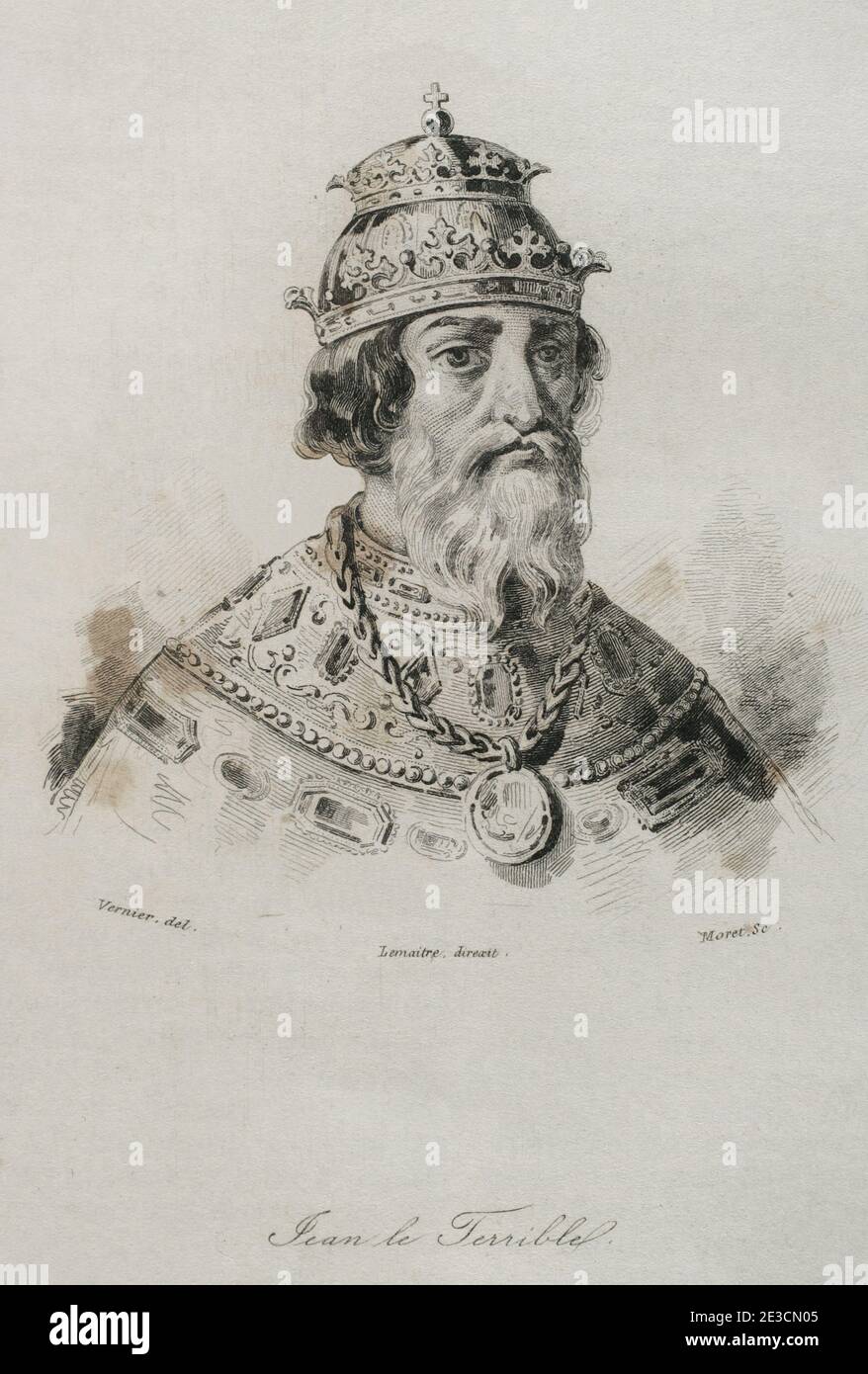 Iwan IV. Wassiljewitsch (1530-1584), bekannt als Iwan der schreckliche. Großfürst von Moskau (1533-1547) und Zar von ganz Russland (1547-1584). Hochformat. Gravur von Lemaitre, Vernier und Moret. Geschichte Russlands von Jean Marie Chopin (1796-1870). Panorama Universal, spanische Ausgabe, 1839. Stockfoto