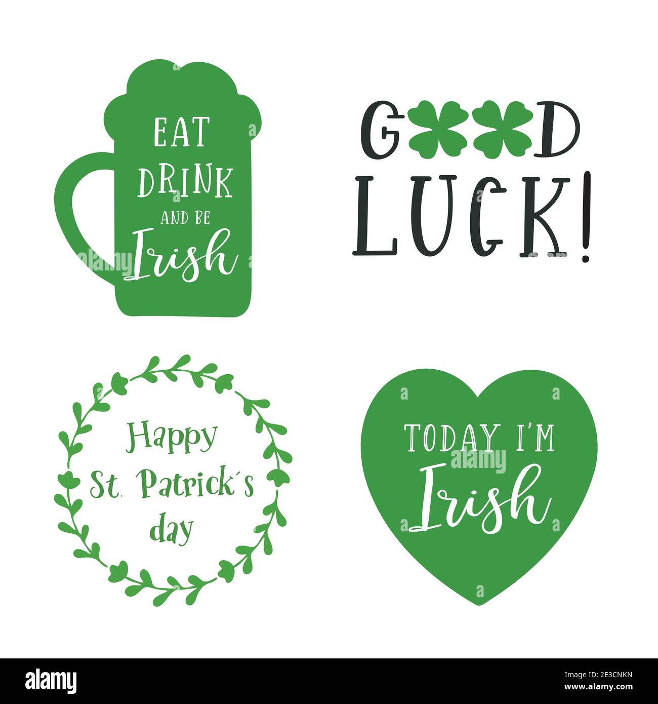 Set St. Patricks Day Zitate Essen, trinken und irisch sein. Viel Glück. 17. März Feier Design. Handskizzierte Symbole. Schrift Typografie Stock Vektor