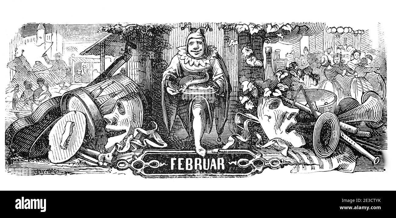 Faschingsfeier im Februar mit entsprechenden Motiven, illustrierter Schweizer Kalender 1853, St. Gallen Schweiz 1853 Stockfoto