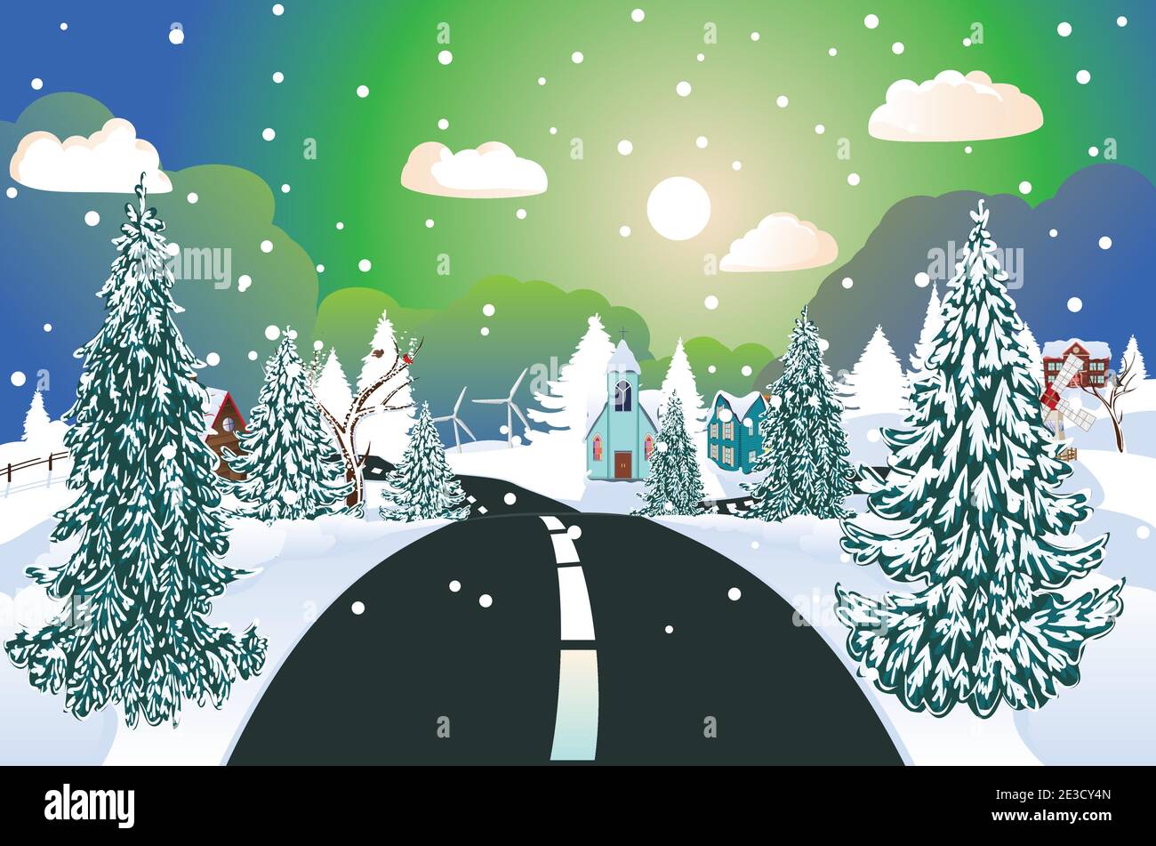 Winterstraße in die verschneite Dorflandschaft, Weihnachtsgrüße. Stock Vektor