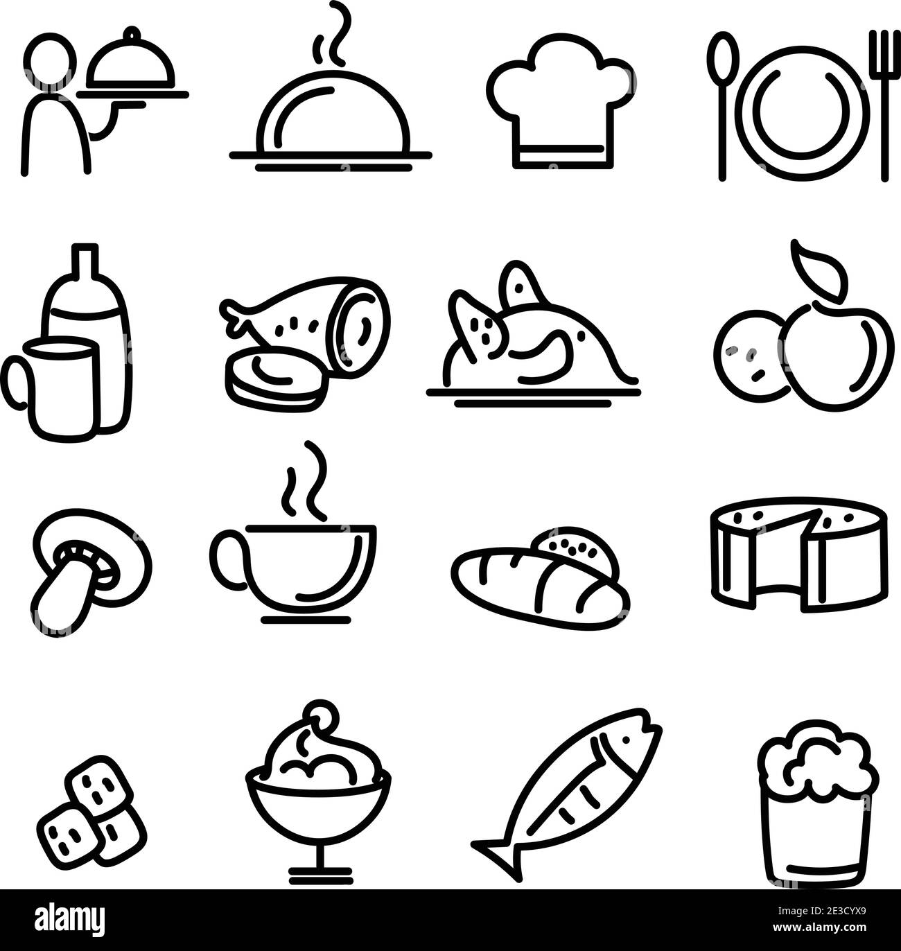 Schwarze Symbole für Speisen und Getränke. Linienvektorsymbole Stock Vektor