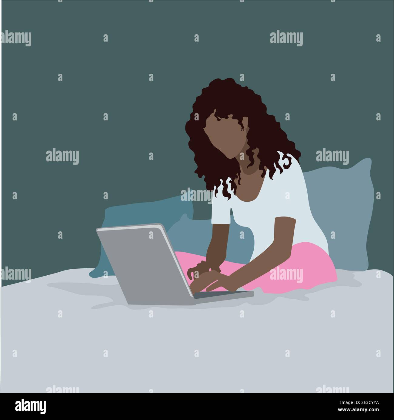 Mädchen sitzt auf dem Bett und arbeitet mit Laptop in Soziale Netzwerke Stock Vektor