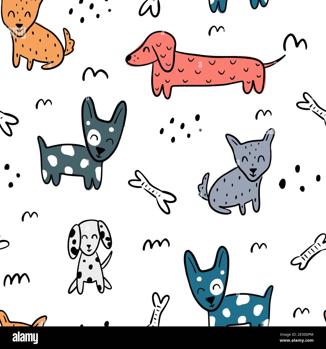 Niedliche kindliche nahtlose Muster mit verschiedenen Hunden, Knochen und abstrakte Elemente auf weißem Hintergrund isoliert. Handgezeichnete Kritzeleien im skandinavischen Stil Stock Vektor