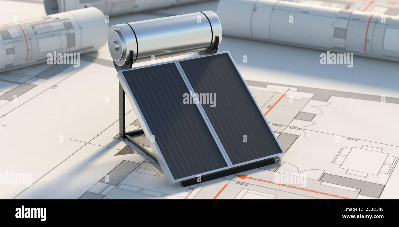 Solar-Wasser-Heizung auf Projekt Blaupause Hintergrund. Design und Baukonzept für erneuerbare Energiequellen. 3d-Illustration Stockfoto