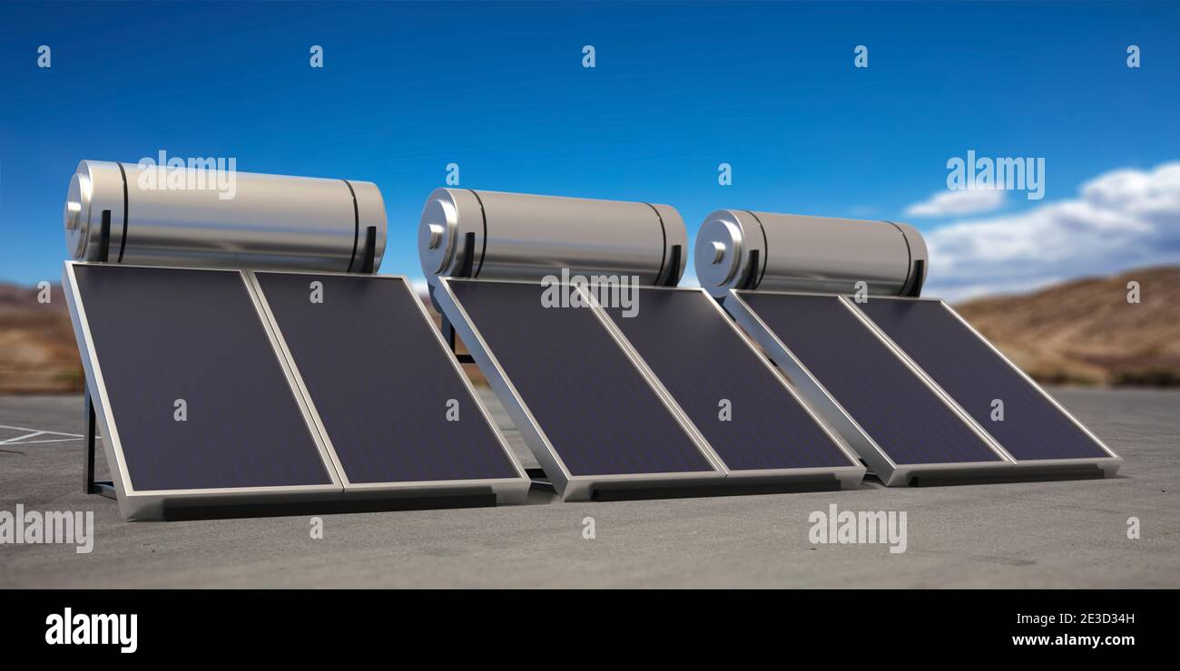 Solar-Warmwasserbereiter auf Betonboden im Freien, blauer Himmel Hintergrund. Paneele, Kesselkollektoren, Konzept für erneuerbare Energiequellen. 3d-Illustration Stockfoto