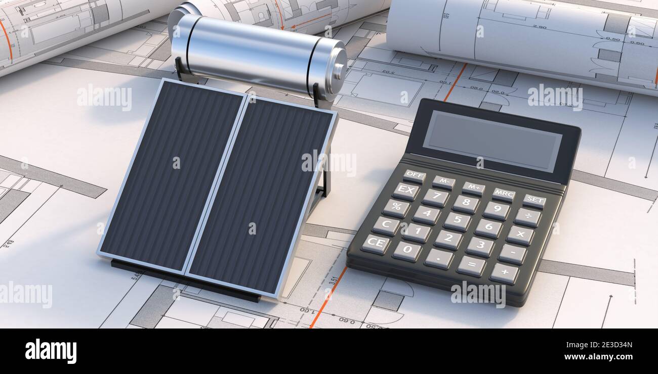 Design erneuerbarer Energiequellen Kosteneinsparendes Konzept. Solar-Wasser-Heizung und Caculator auf Projekt Blaupause Hintergrund. 3d-Illustration Stockfoto