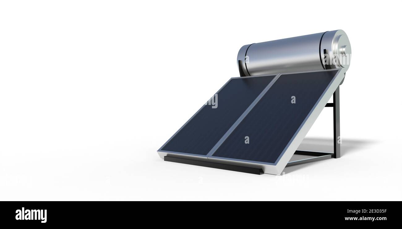 Sonnenkollektoren, Heizkessel Kollektor, nachhaltige Energiequelle Konzept. Eco Wasser Heizung isoliert vor weißem Hintergrund. 3d-Illustration Stockfoto