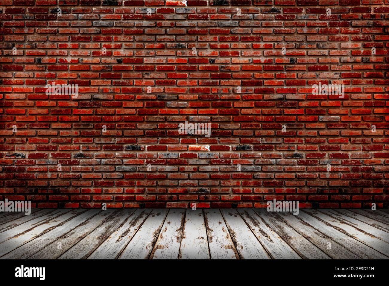 Leere Ziegelwand und Holzboden für Hintergrund blanker Holzboden für Hintergrund Montage Design. Stockfoto