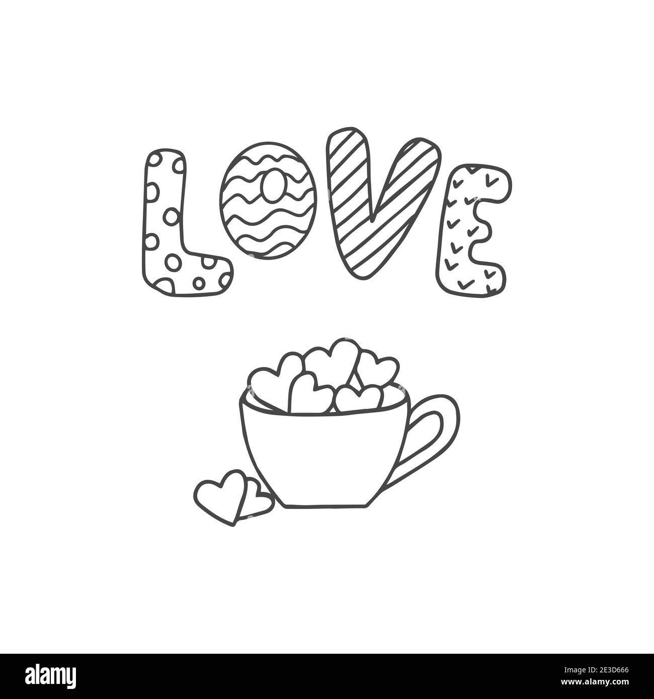 Doodle für Valentinstag, Hochzeit, romantische Veranstaltungen. Eine Tasse Marshmallows in Form von Herzen. Stock Vektor