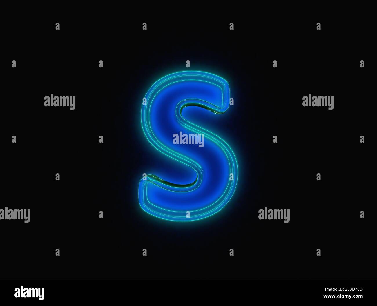 Blau - grün Neon Licht leuchten reflektierende klare Schrift - Buchstabe S isoliert auf schwarz dunkel, 3D-Darstellung von Symbolen Stockfoto