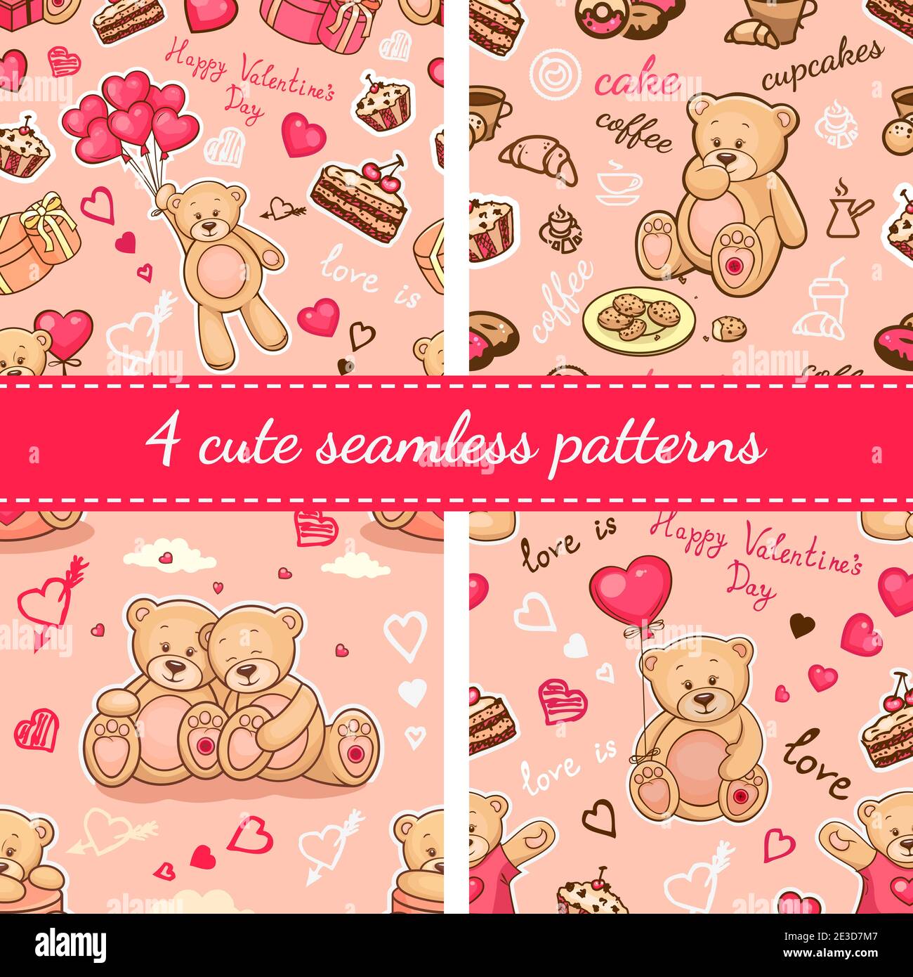 Set von nahtlosen valentine Hintergründe mit Teddybären. Verwenden Sie es für Kindertapete, Geschenkverpackung, Drucke für Babykleidung, Drucke für Bettwäsche, Stock Vektor