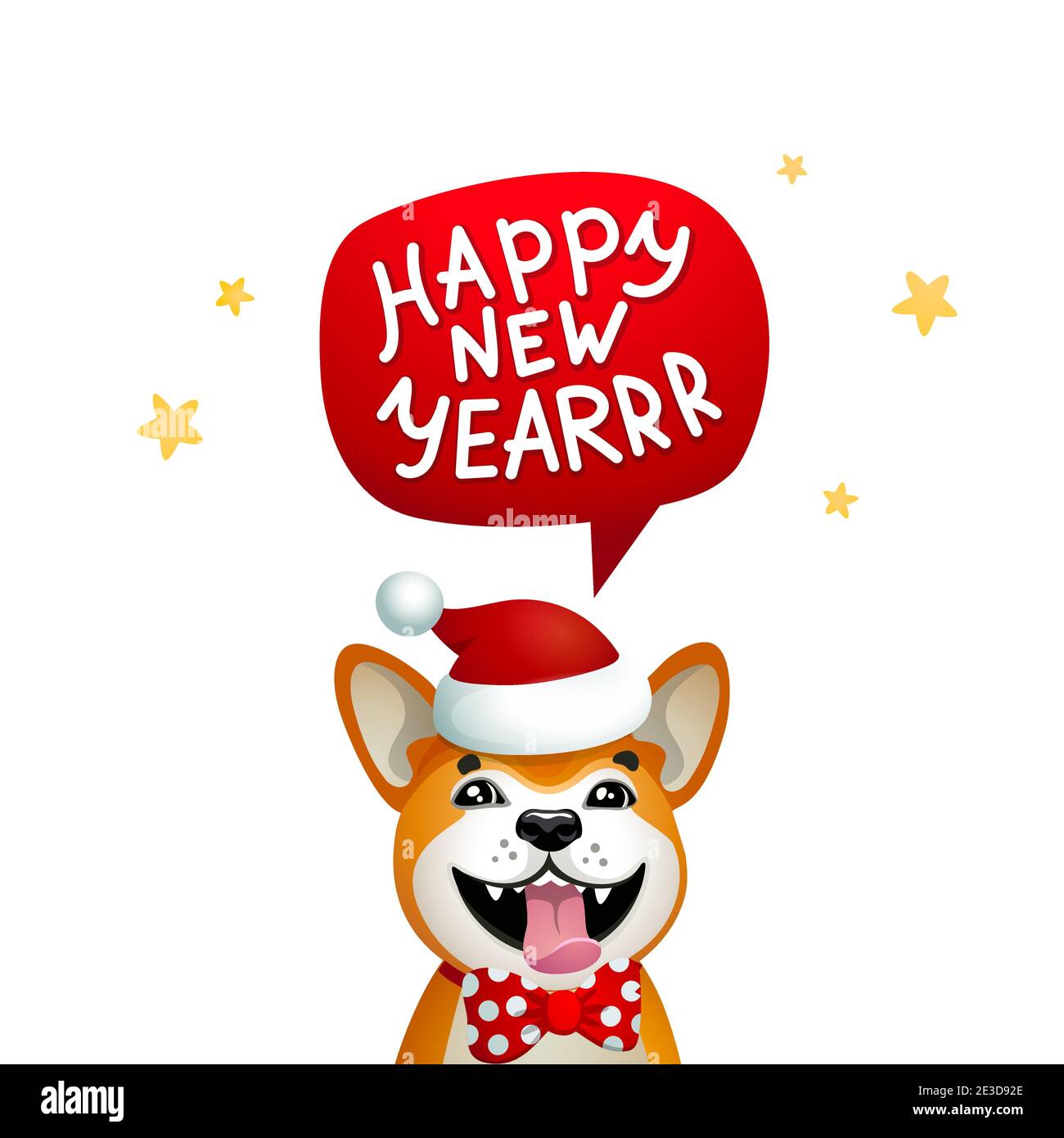 Netter Hund mit Happy New Year Inschrift. Lächelnder gelber Hund mit rotem weihnachtsmann Hut auf blauem Weihnachtshintergrund. Akita inu. Wintersaison Stock Vektor