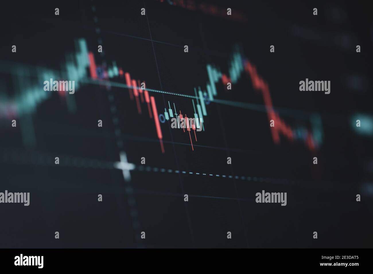 Geringe Schärfentiefe (selektiver Fokus) mit Details eines Candlestick-Diagramms auf einem Computerbildschirm. Stockfoto