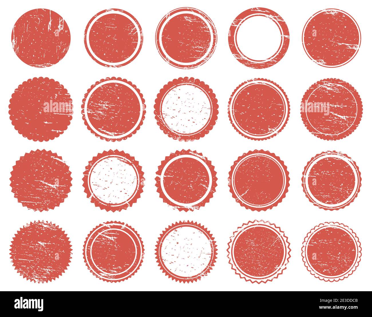 Grunge Texturstempel. Gummi roten Kreis Stempel, verzweifelte Textur roten Vintage-Marken. Verkauf runde Briefmarken Vektor-Illustration-Set Stock Vektor