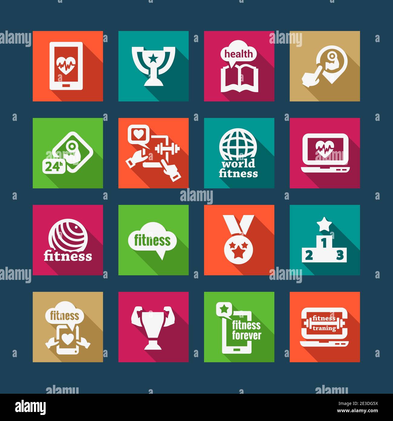 Flat Fitness und Gesundheit Icons Set. Stock Vektor