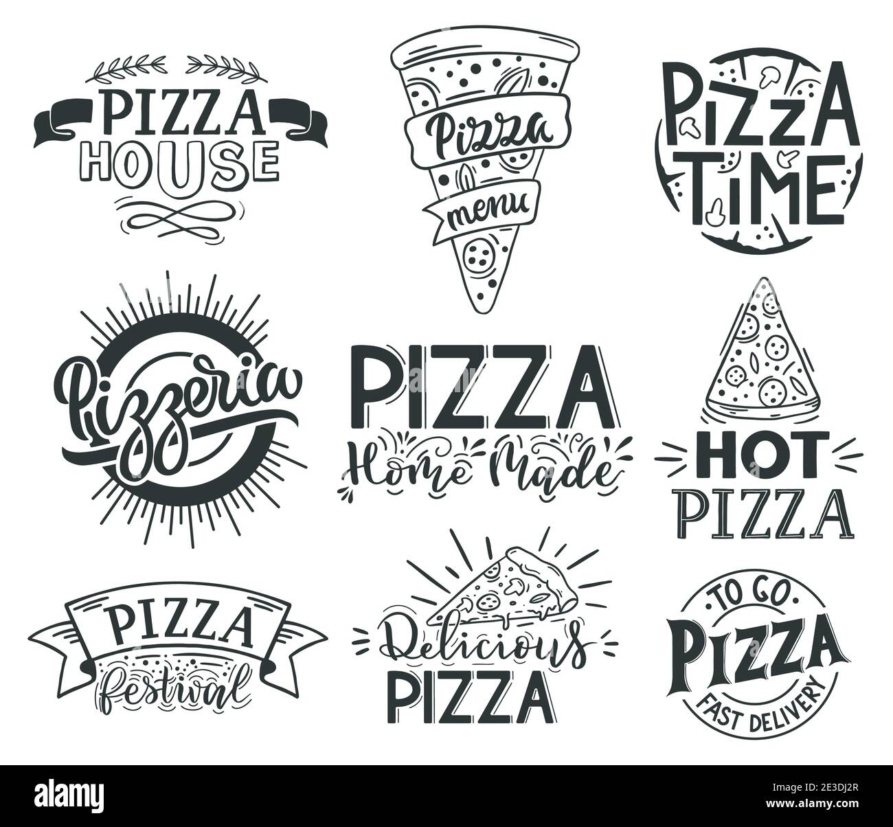 Zitate mit Pizza-Schriftzug. Italienische Pizza, Fast Food Lettering Zitate, Pizzeria Menü Lebensmittel Etiketten. Street Food Café Pizza Zitate Vektor Illustration Set Stock Vektor