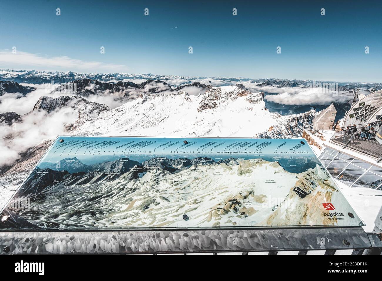 Zugspitze, Deutschland - 5. Aug 2020: Zuschauerkarte am Aussichtspunkt der Aussichtsplattform Stockfoto