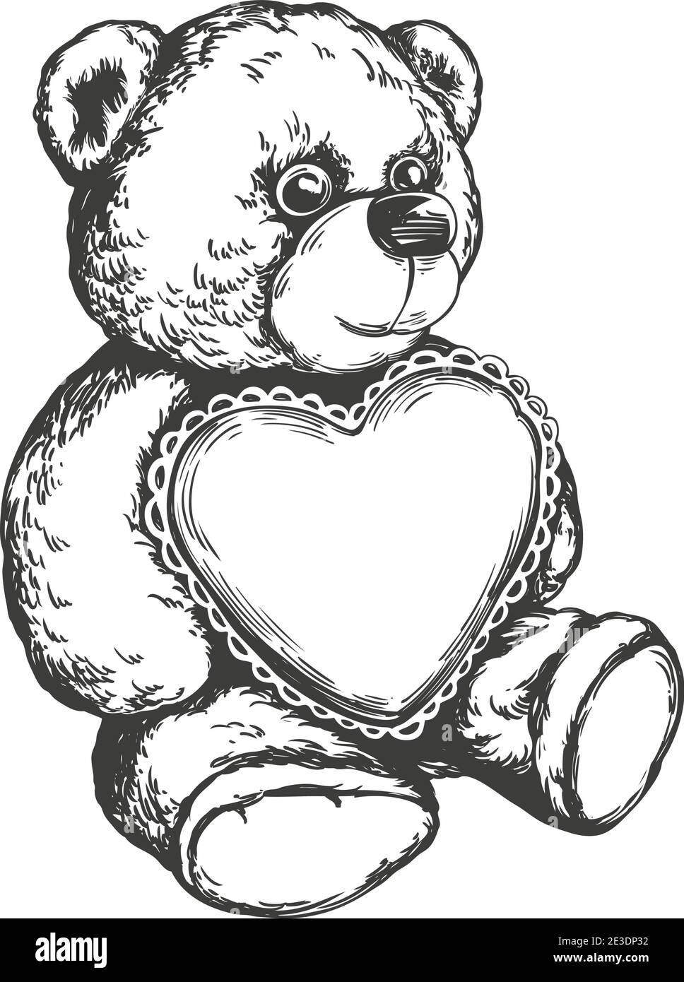 Teddybär mit Herz in Pfoten handgezeichnete Vektor-Illustration realistische Skizze. Stock Vektor
