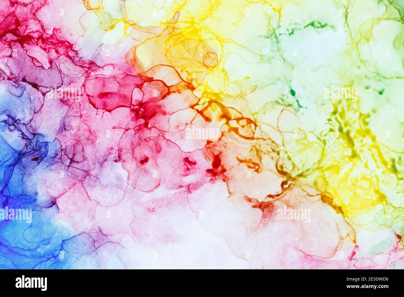 Nahaufnahme der abstrakten regenbogenfarbenen Alkoholtinte auf Weiß. Flüssige Tinte, farbenfrohe Vollformat texturierten Hintergrund. Lebendige Farben. Kunst für Design. Stockfoto