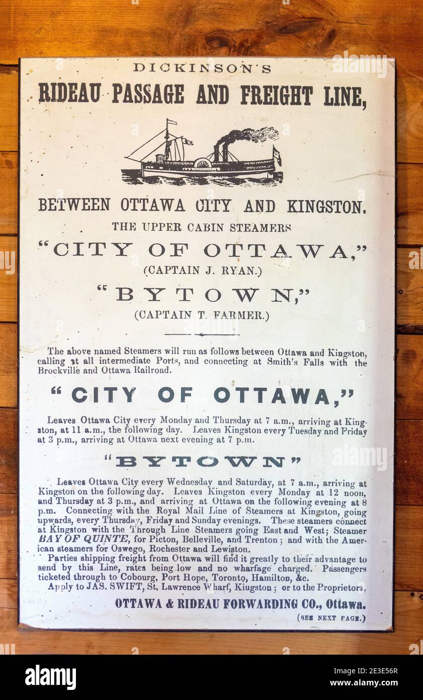 Historisches Plakat Werbung Ottawa Steam Boats 'City Of Ottawa' Und 'Bytown' Rideau Passage Und Freight Line Zwischen Ottawa Und Kingston Auf Dem Rideau Stockfoto