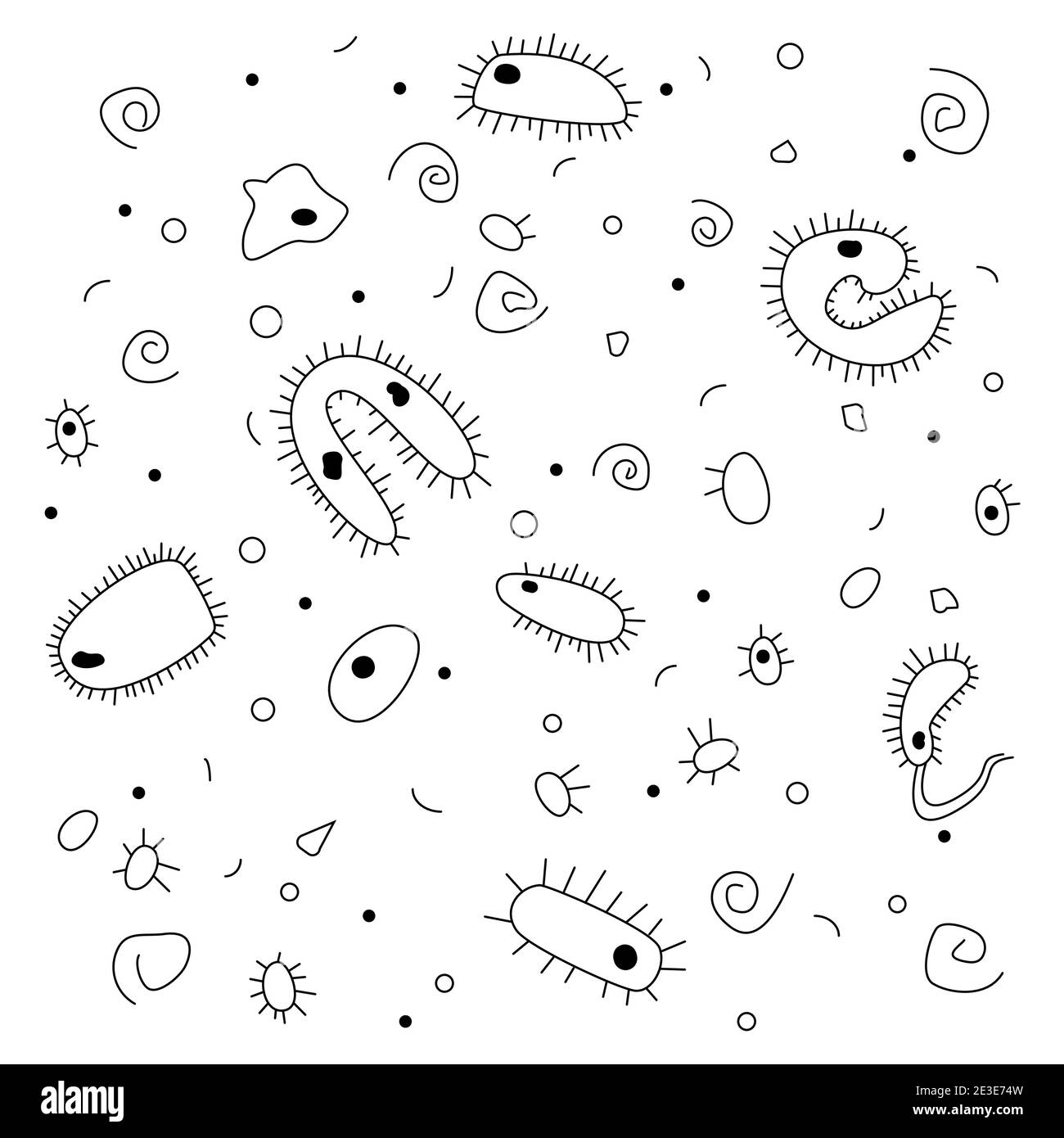 Doodle-Stil, handgezeichnete Zeichnung. Schwarze und weiße Bakterien auf weißem Hintergrund. Blick unter das Mikroskop. Stock Vektor