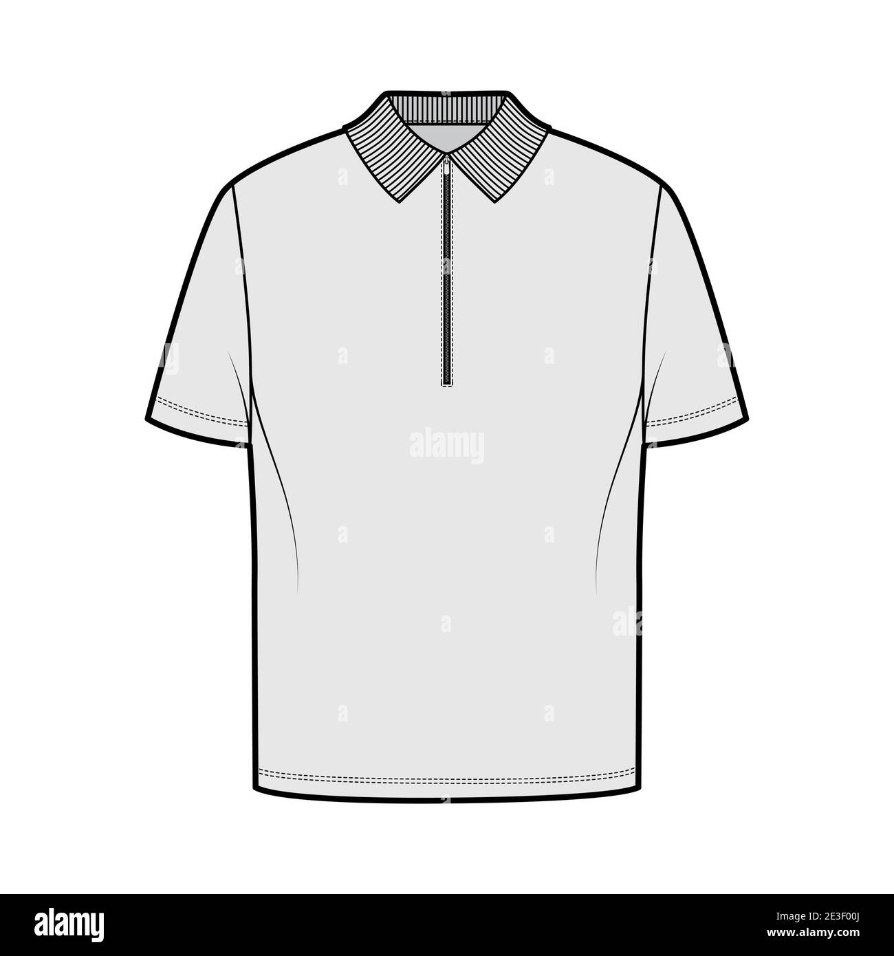 Shirt zip Polo technische Mode-Illustration mit kurzen Ärmeln, Tunika Länge, henley-Ausschnitt, übergroße, flache Strickkragen. Bekleidungstop außen Schablone vorne, grau. Frauen Männer Unisex CAD mockup Stock Vektor