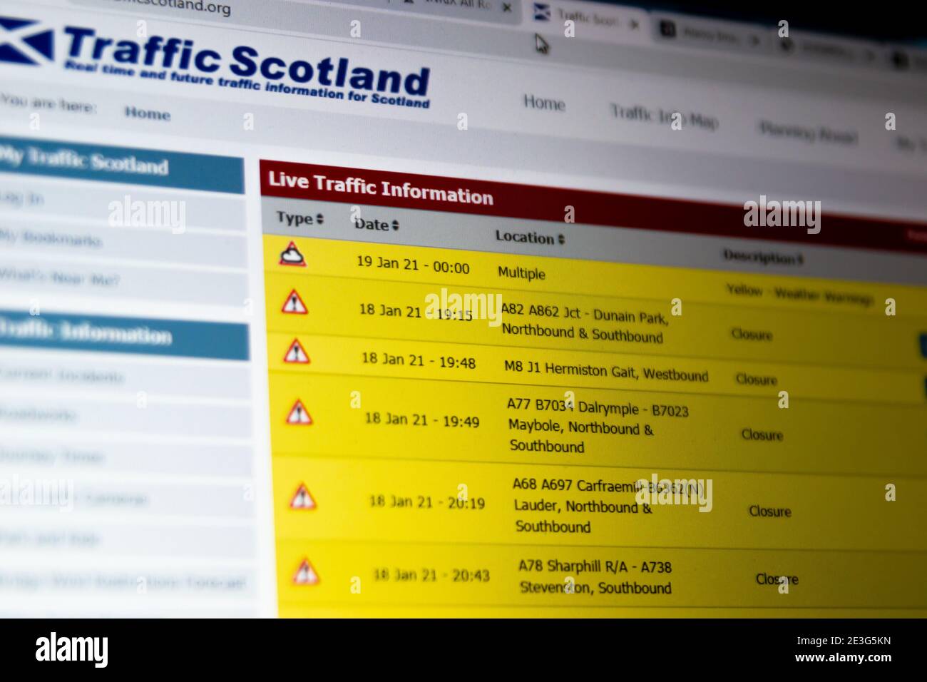 Verkehr Schottland Vorfall Seite auf ihrer Website Stockfoto