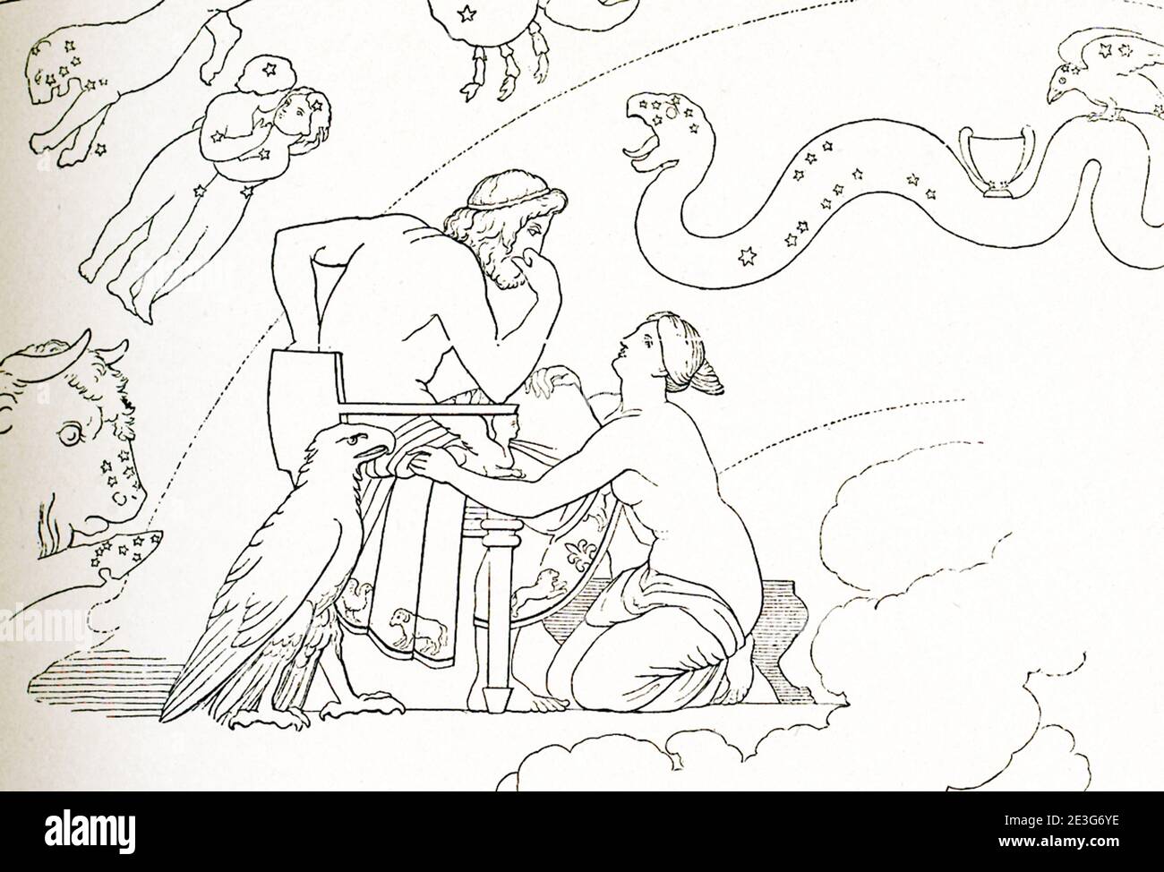 Diese Szene ist eine von mehreren Entwürfen, die der englische Bildhauer und Zeichner John Flaxman (1755–1826) zur Illustration von Passagen aus dem griechischen Epos Homers Iliad and Odyssey gemacht hat, einem auftrag, den Georgiana Hare-Naylor während seines Aufenthalts in Rom gegeben hatte. Es stellt Thetis flehend Jupiter zu Ehren Achilles dar.. Es wurde 1793 getan. Stockfoto