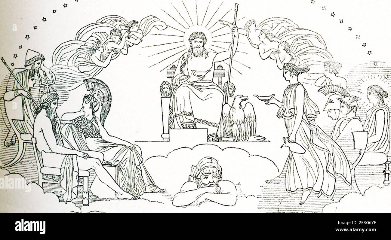 Diese Szene ist eine von mehreren Entwürfen, die der englische Bildhauer und Zeichner John Flaxman (1755–1826) zur Illustration von Passagen aus dem griechischen Epos Homers Iliad and Odyssey gemacht hat, einem auftrag, den Georgiana Hare-Naylor während seines Aufenthalts in Rom gegeben hatte. Es repräsentiert den Rat der Götter. Es wurde 1793 getan. Stockfoto