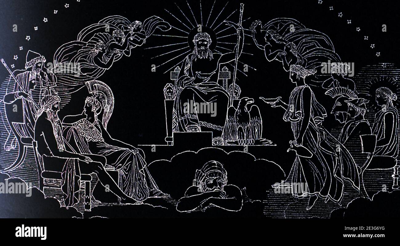 Diese Szene ist eine von mehreren Entwürfen, die der englische Bildhauer und Zeichner John Flaxman (1755–1826) zur Illustration von Passagen aus dem griechischen Epos Homers Iliad and Odyssey gemacht hat, einem auftrag, den Georgiana Hare-Naylor während seines Aufenthalts in Rom gegeben hatte. Es repräsentiert den Rat der Götter. Es wurde 1793 getan. Stockfoto