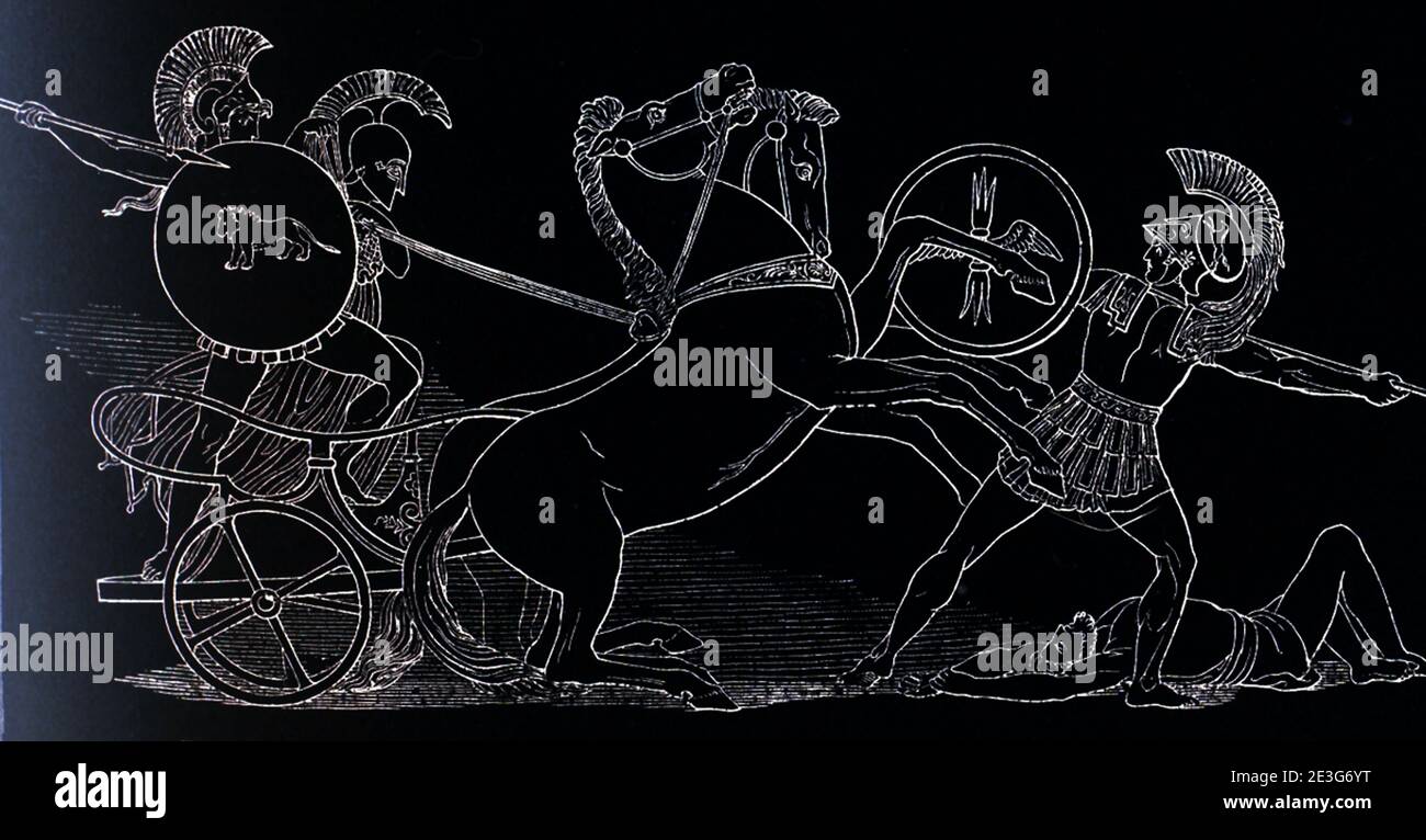 Flaxmans Skizzen illustrieren Homers Iliad Venus Wounded unter der Leitung von Iris zum Mars. Diomed warf seinen Speer gegen Mars. Diese Szene ist eine von mehreren Entwürfen, die der englische Bildhauer und Zeichner John Flaxman (1755–1826) zur Illustration von Passagen aus dem griechischen Epos Homers Iliad and Odyssey gemacht hat, einem auftrag, den Georgiana Hare-Naylor während seines Aufenthalts in Rom gegeben hatte. Es stellt dar, dass Diomed einen Speer gegen den Mars wirft. Es wurde 1793 getan. Stockfoto