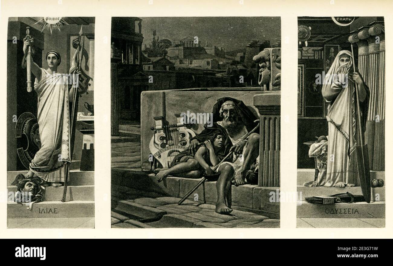 Dieses Triptychon, das 1881 von Jean Jules Lecomte du Nouv gemalt wurde, zeigt im mittleren Bild Homer betteln, links die Sonnengöttin Phoebos von der Ilias und rechts die Göttin Hecate von der Odyssee. Jean Jules Lecomte du Nouy (1842-1943) Jean-Jules-Antoine Lecomte du Nouÿ war ein orientalischer französischer Maler und Bildhauer. Er war stark beeinflusst von den Werken und Lehren von Charles Gleyre und Jean-Léon Gérôme. Lecomte du Nouÿ fand Inspiration für seine Kunst durch ausgedehnte Reisen nach Griechenland, der Türkei, Ägypten, Rumänien und Italien. Stockfoto