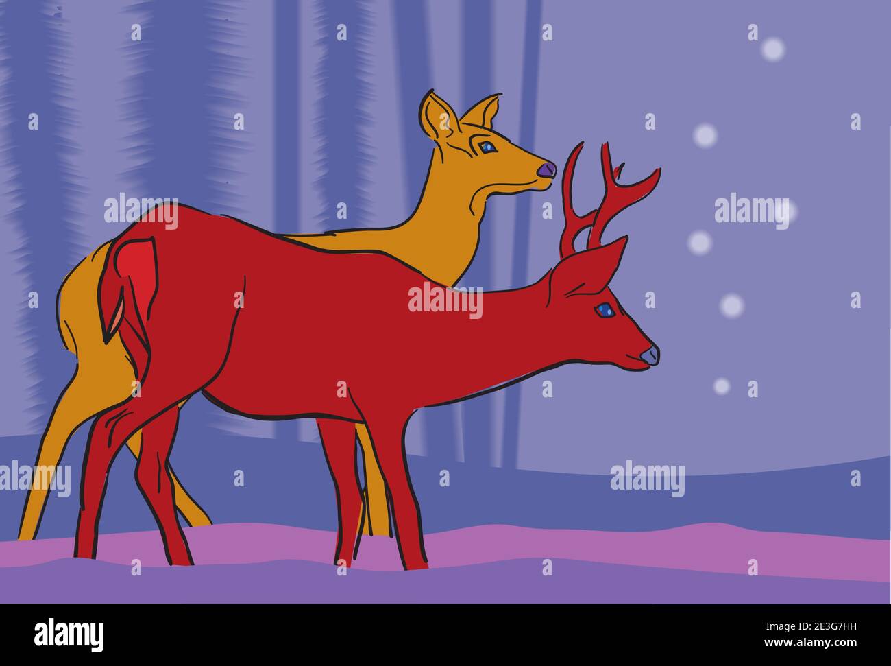 Buck und Hirsche sehen Schneeflocken fallen im Winter. Stock Vektor