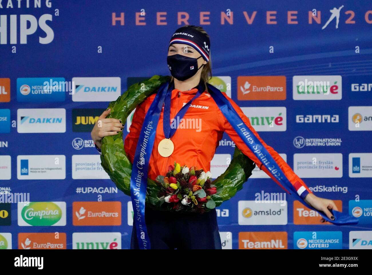 Jutta Leerdam Zeremonie während Europameisterschaft Allround und Sprint am Januar, 17 2021 in Heerenveen Niederlande Kredit: SCS/Soenar Chamid/AFLO/Alamy Live Nachrichten Stockfoto