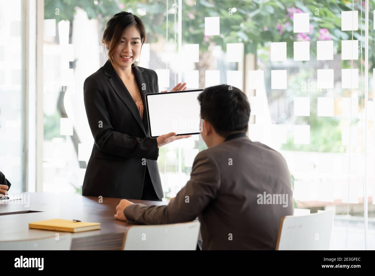 Geschäftsfrau präsentiert neues Projekt an Partner, Business Meeting Konzept. Stockfoto