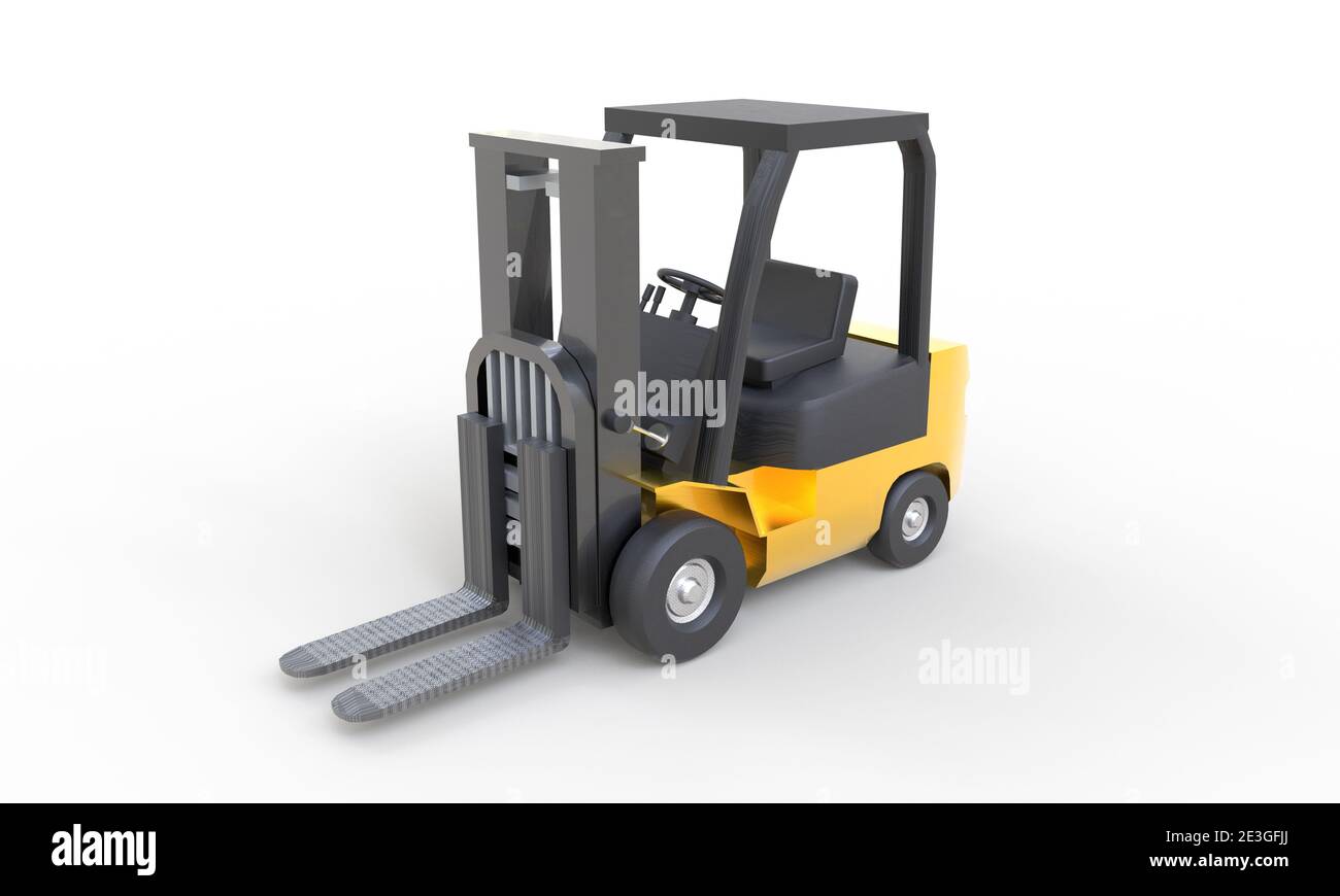 Gelber Gabelstapler mit leerer Gabel auf weißem Hintergrund. Transport- und Industriekonzept. Versand- und Lieferlager. 3D-Illustration ren Stockfoto
