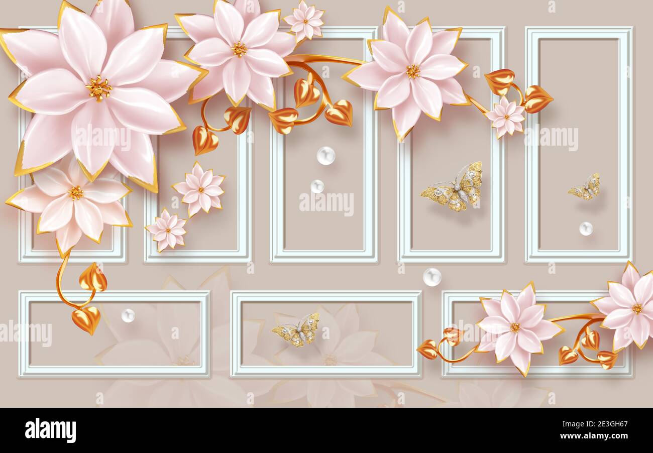 3d-Illustration, ein Panel mit weißen Rahmen, Perlen, große abstrakte rosa Keramik vergoldeten Blumen Stockfoto
