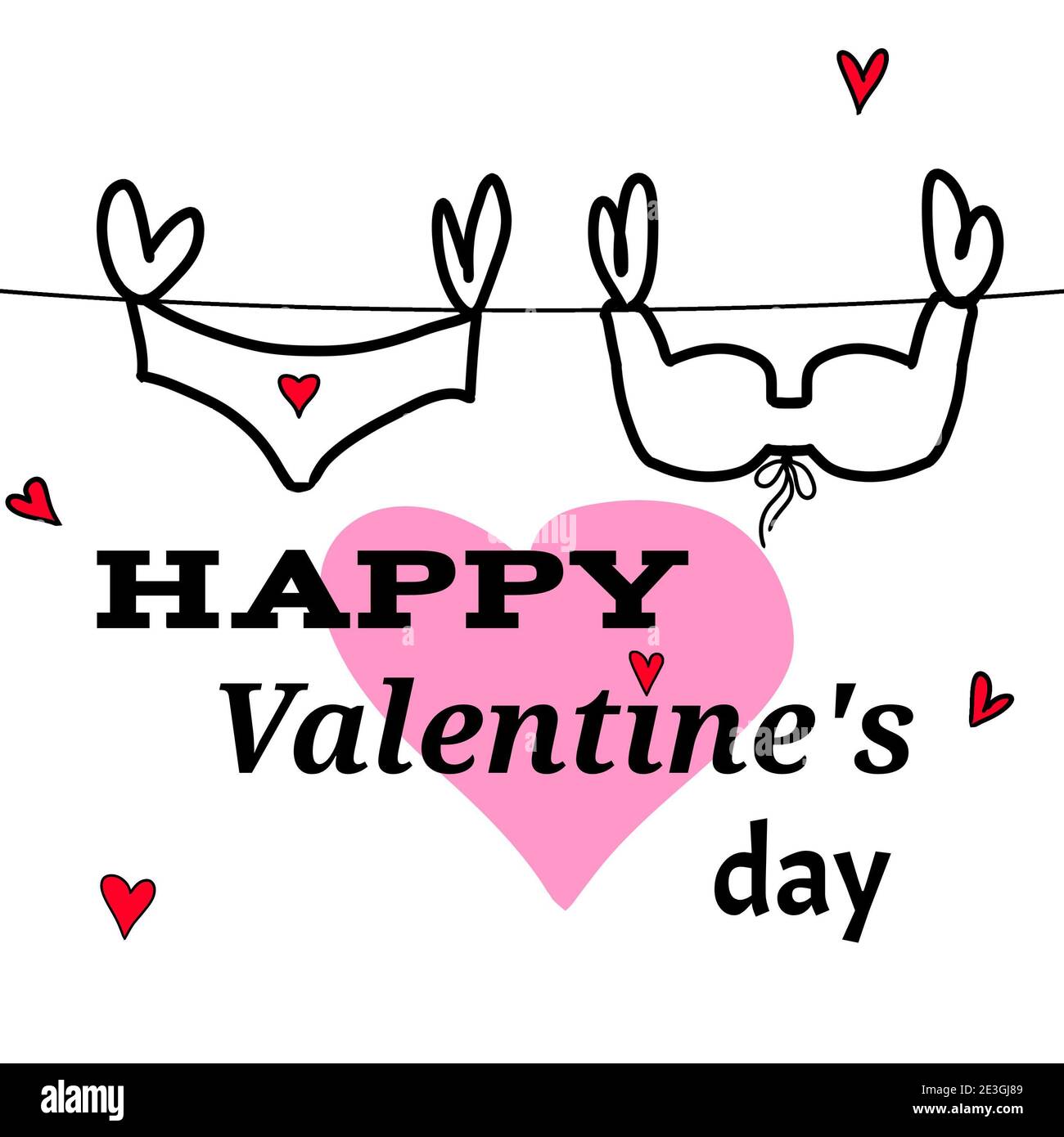 Abbildung s mit einem rosa Herz und der Aufschrift Happy Valentine's Day und Leinen auf einer Schnur. Dekoration zum Valentinstag. Valentinstag-Konzept. Stockfoto