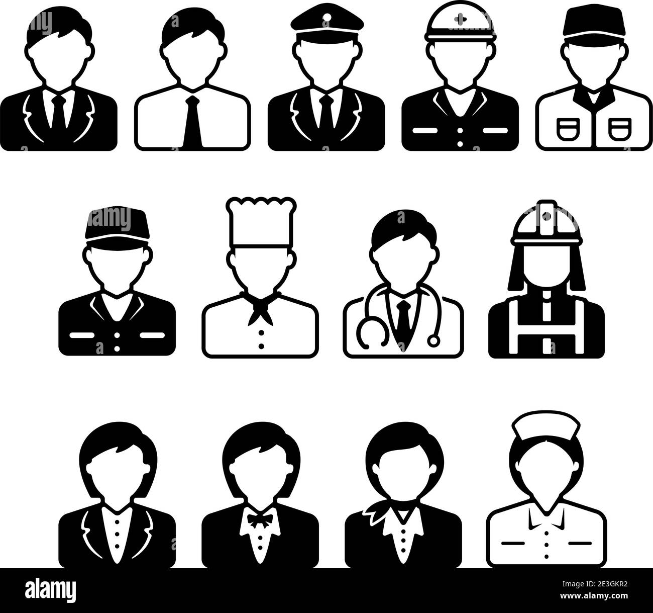 Arbeiter Avatar Icon Illustration Set (Oberkörper) - Business Person, blue collar worker, Polizei Mann, Koch, Arzt etc. Stock Vektor