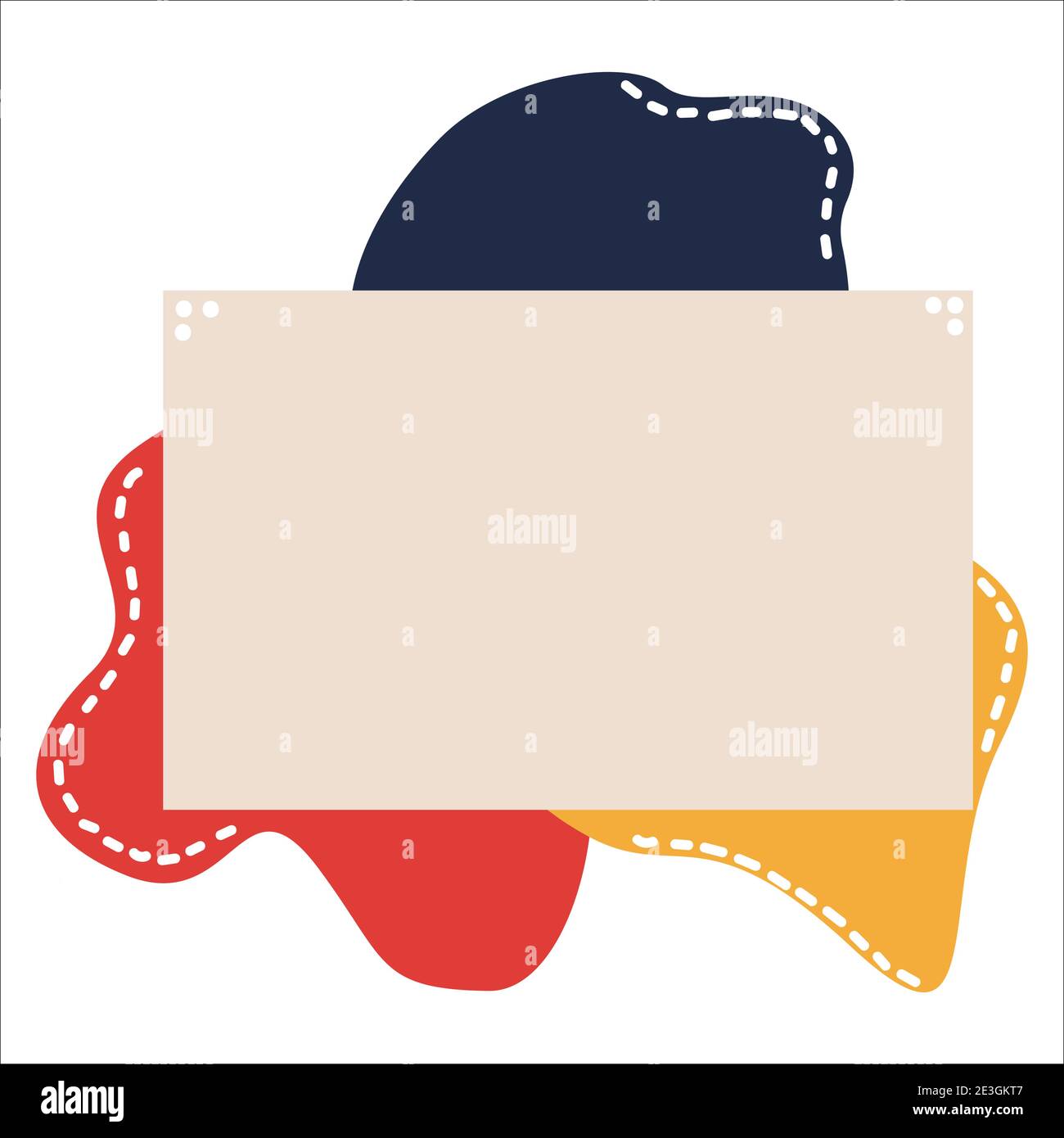 Beigefarbener Raum für Text auf abstraktem Hintergrund. Abstrakte blaue, rote, gelbe Punkte und gestrichelte Linie auf weißem Hintergrund. Vektor. Gestaltung von Angebotstextinformationen Stock Vektor