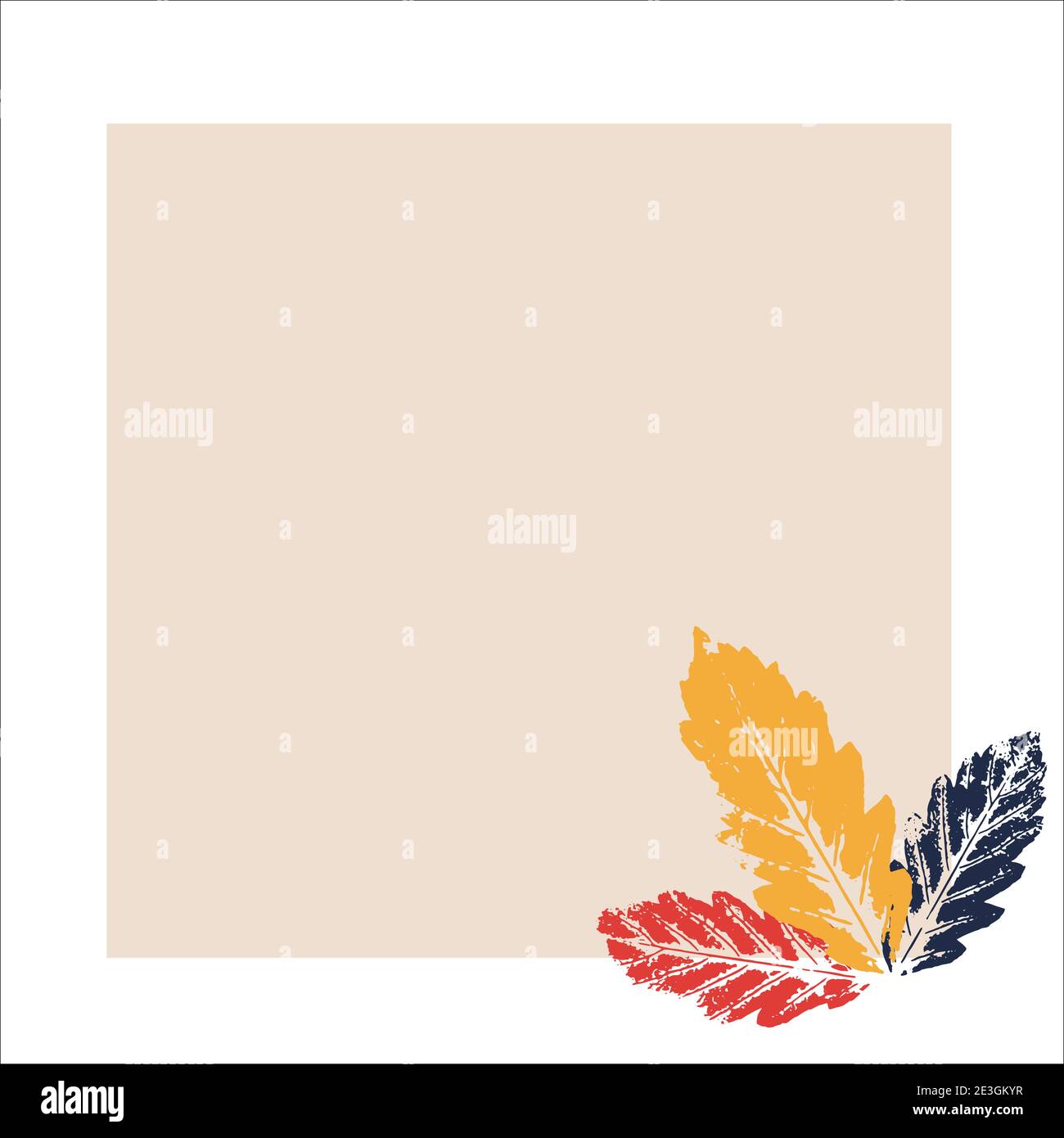 Abstrakter beigefarbener quadratischer Hintergrund für Text mit farbigen abstrakten Blättern auf der rechten Seite. Vector Herbstdesign. Gestaltung von Angebotstextinformationen. Vorlage für Stock Vektor
