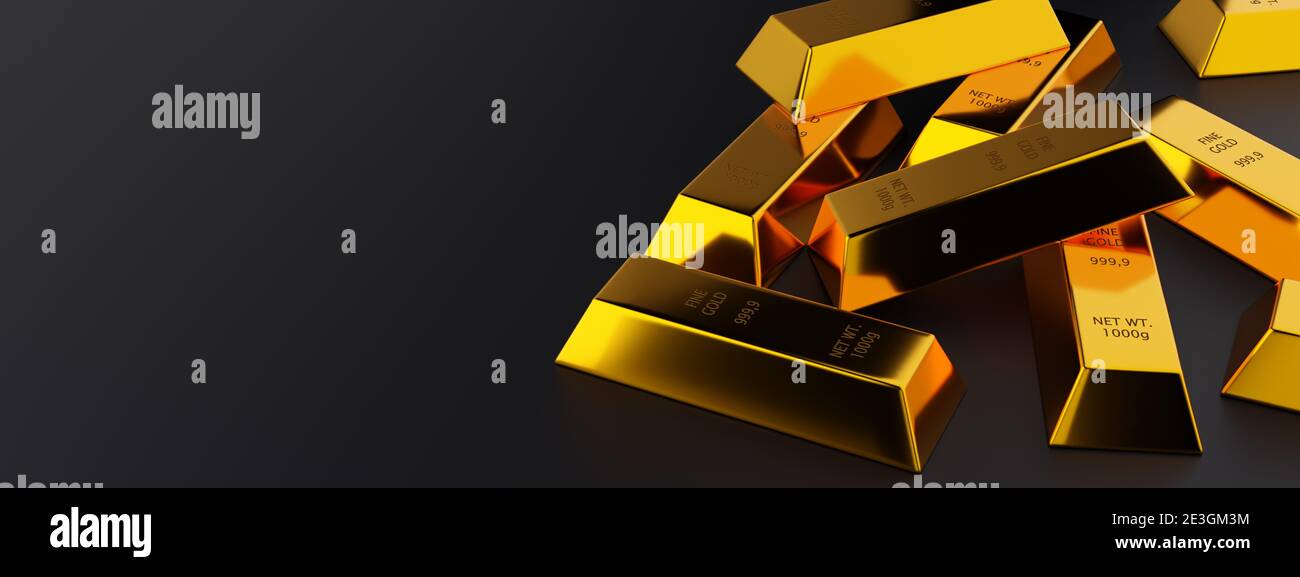 Glänzende Goldbarren oder Barren auf dunkelschwarzem Hintergrund mit Kopierfläche - Edelmetall- oder Geldinvestitionskonzept, 3D-Illustration Stockfoto